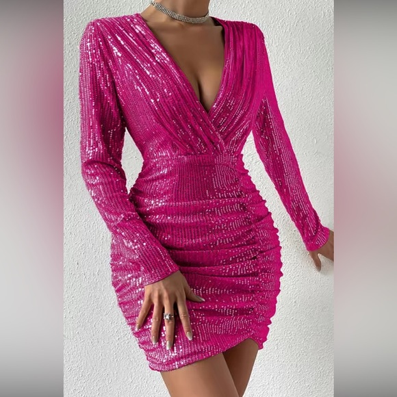 Luxe survive neck ruched party formal sequins bodycon dress - Picture 2 of 6